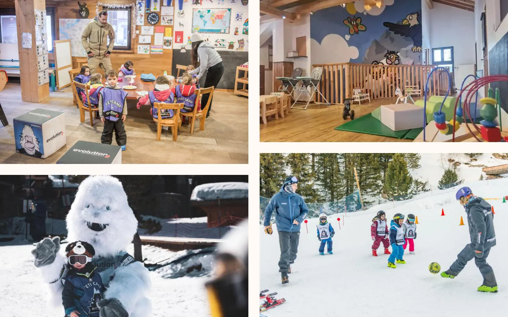 Activités enfants au Yéti Camp aux Arcs : jeux intérieurs, accueil en crèche, rencontre avec la mascotte et initiation au ski